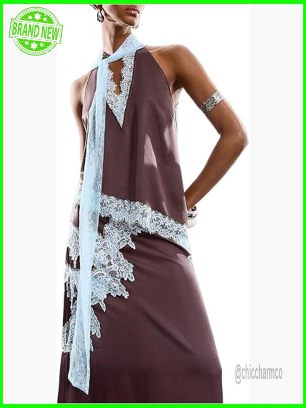 Satin Lace Tank Top V-Neck Asymmetrical Halter with Scarf